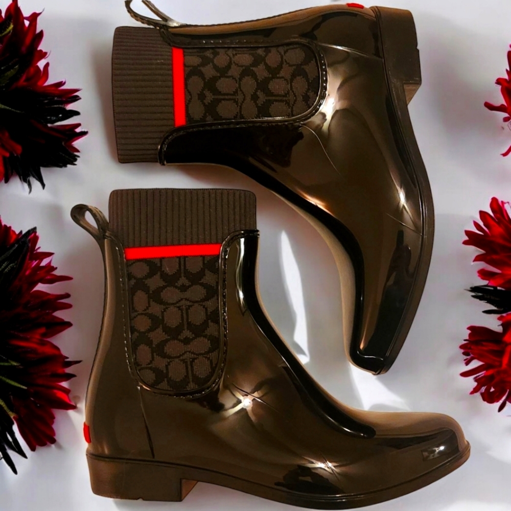 Coach Rivington Rain Bootie Black & Red Sz 7